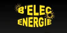 Logo jaune vif sur fond noir : B'ELEC ENERGIE, encadré par des soleils stylisés symbolisant l'énergie.