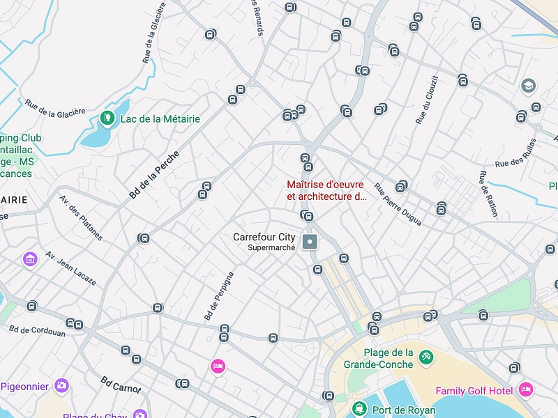 Plan de ville français centré sur Carrefour City, Lac de la Métairie, Bd Carnot, et la Plage de la Grande-Conche. Nombreux arrêts de bus.