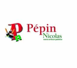 Logo Pépin Nicolas artisan peintre : P rouge stylisé avec pinceaux, texte rouge 'Pépin' et vert 'Nicolas votre artisan peintre'.